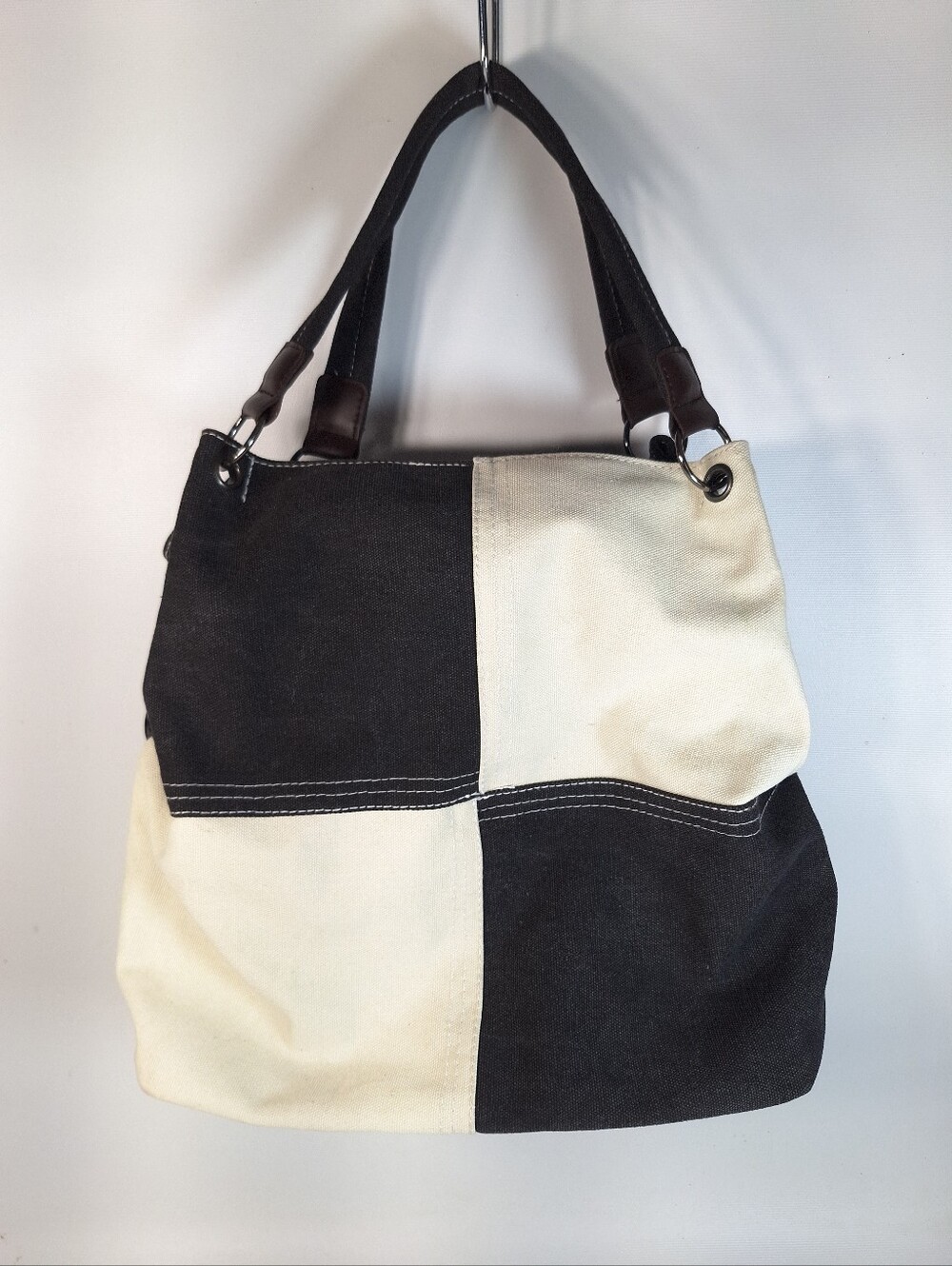 Vintage Colorblock Canvas Tote Bag | Black & Cream Patchwork Shoulder Bag